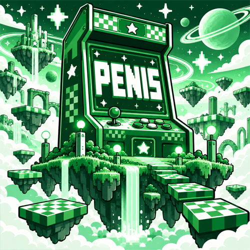 Arcade cabinet labeled PENIS on floating islands